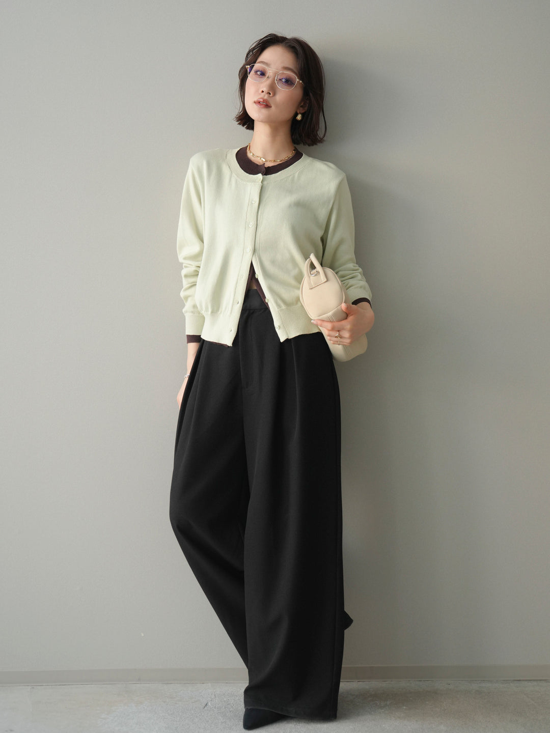 [予約]サテンベルトタックワイドパンツ/black