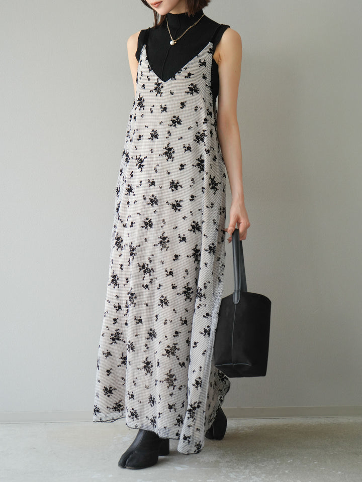 [SET]フロッキーチュールレイヤードベロアキャミワンピース+プチネックセンターシームノースリーニットトップス(2set)