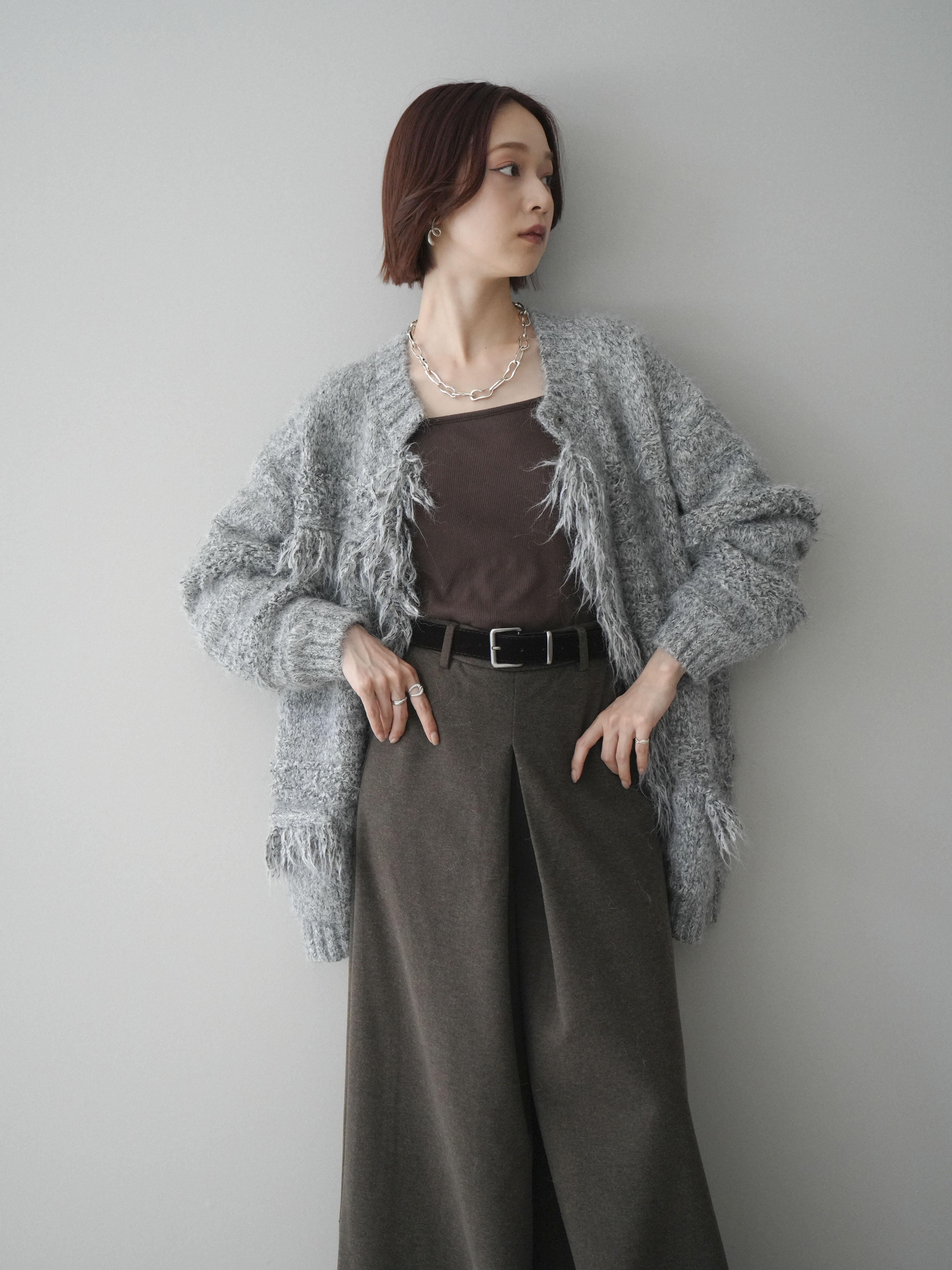 SET]ミックスヤーンフリンジデザインニットジャケット+ミックスヤーン