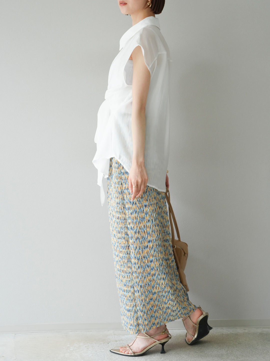 [SET]フロントタイシアーブラウス+マルチカラーランダムプリーツタイトスカート(2set)