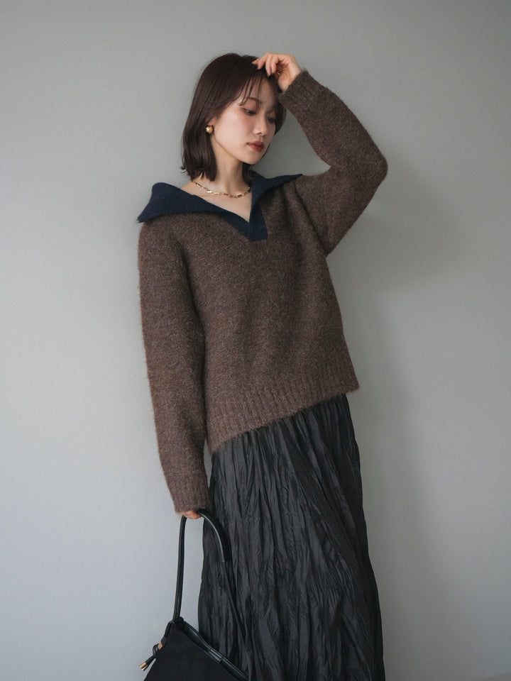 [予約]バイカラー襟付きニットプルオーバー/brown