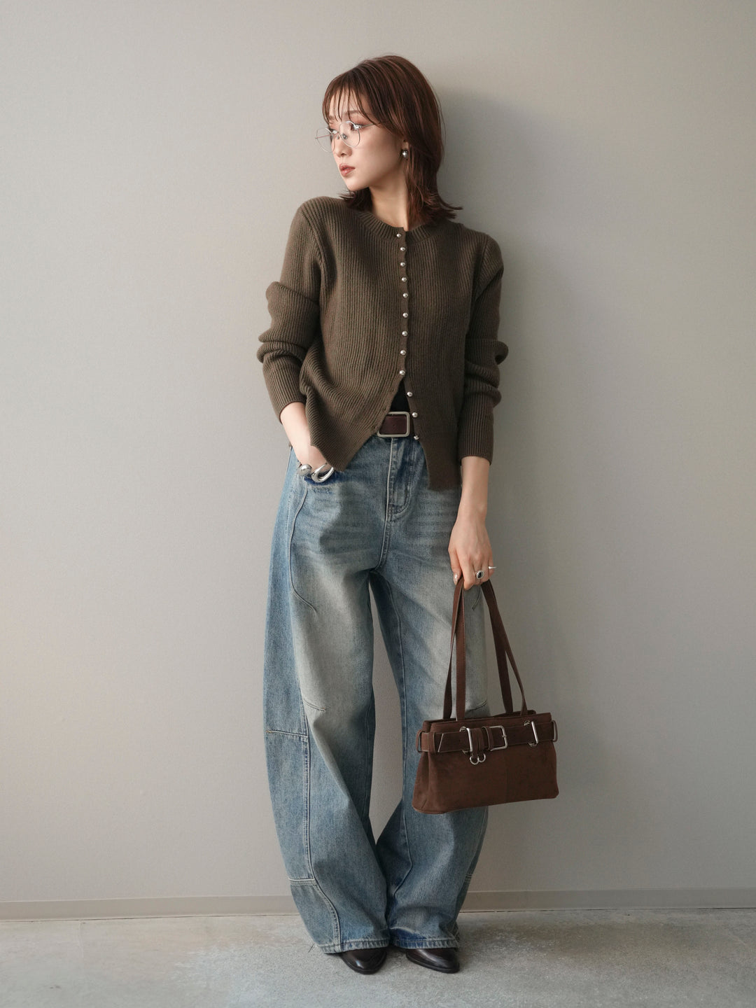 [SET]シルバーボタン畦編みニットカーディガン+ベルト付カーブデニムパンツ(2set)