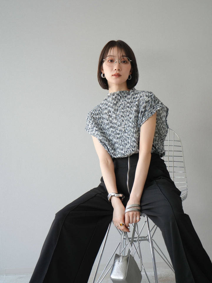 [予約]マルチカラーランダムプリーツフレンチトップス/ブラック