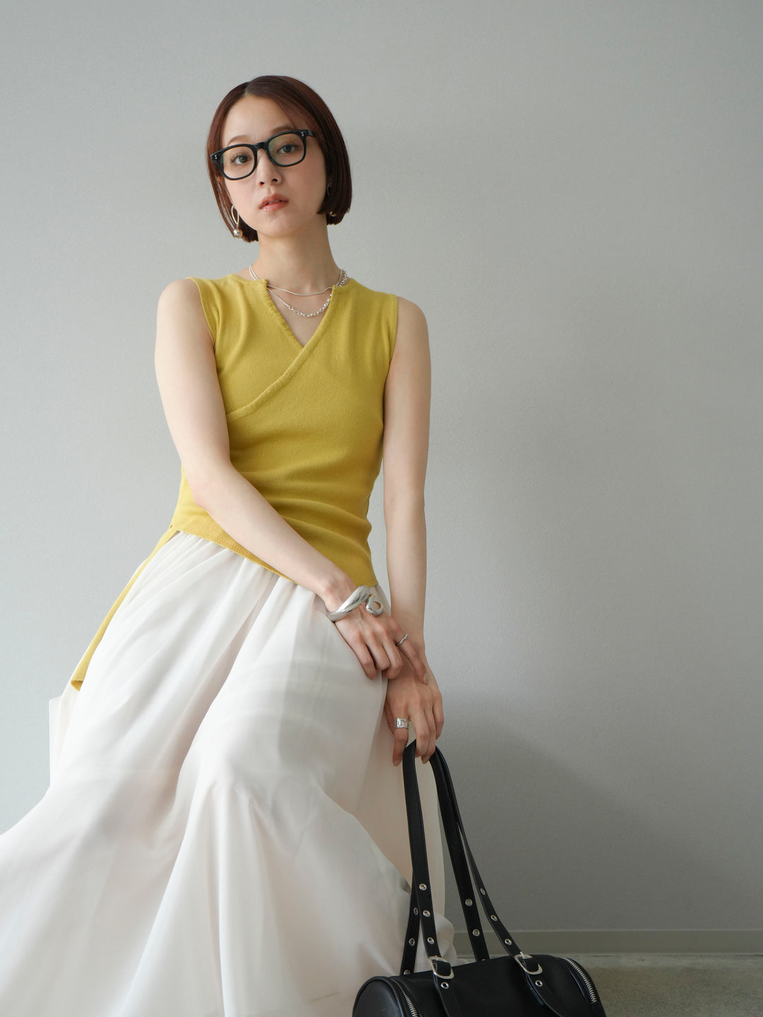 [SET]カシュクールノースリーブニットトップス+シフォンフレアスカート(2set)