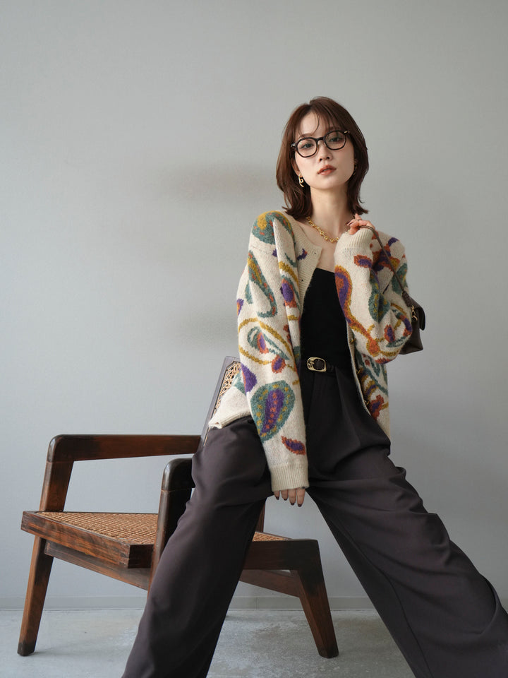 [予約]ミックスヤーンペイズリー柄ニットカーディガン/アイボリー