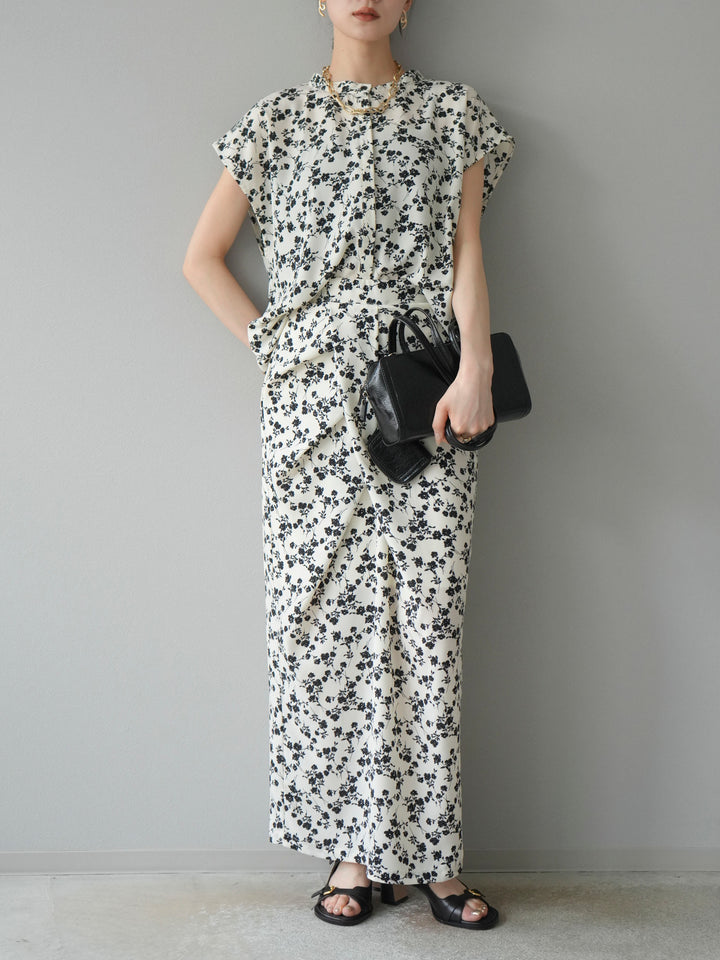 [予約]フラワープリントフレンチスリーブブラウス/アイボリー