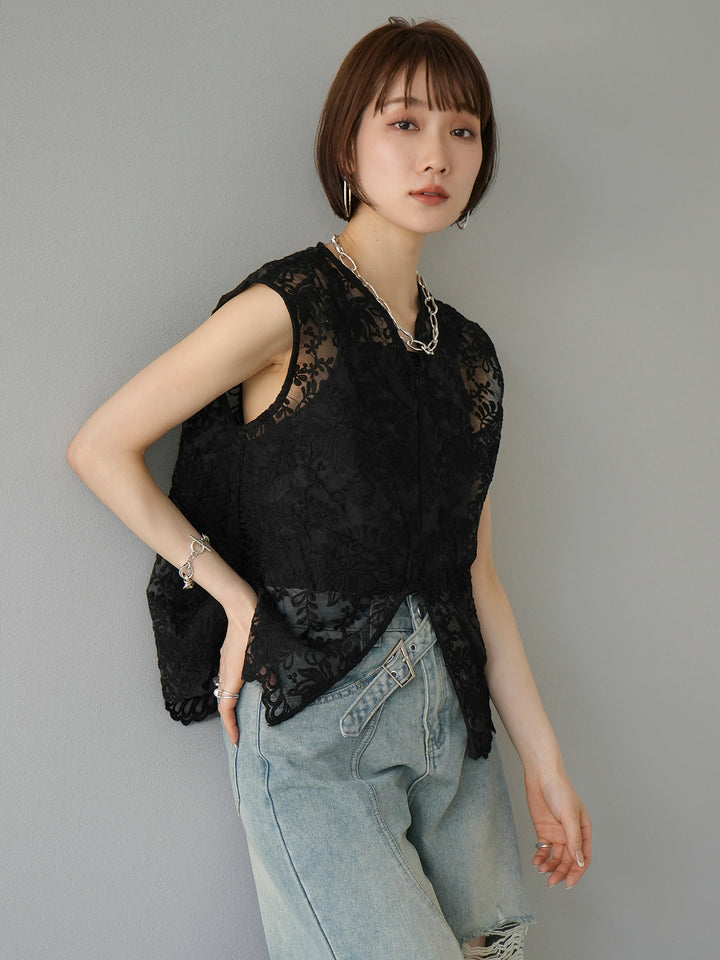 [SET] Front slit lace blouse + belt asymmetrical damaged denim (2set)