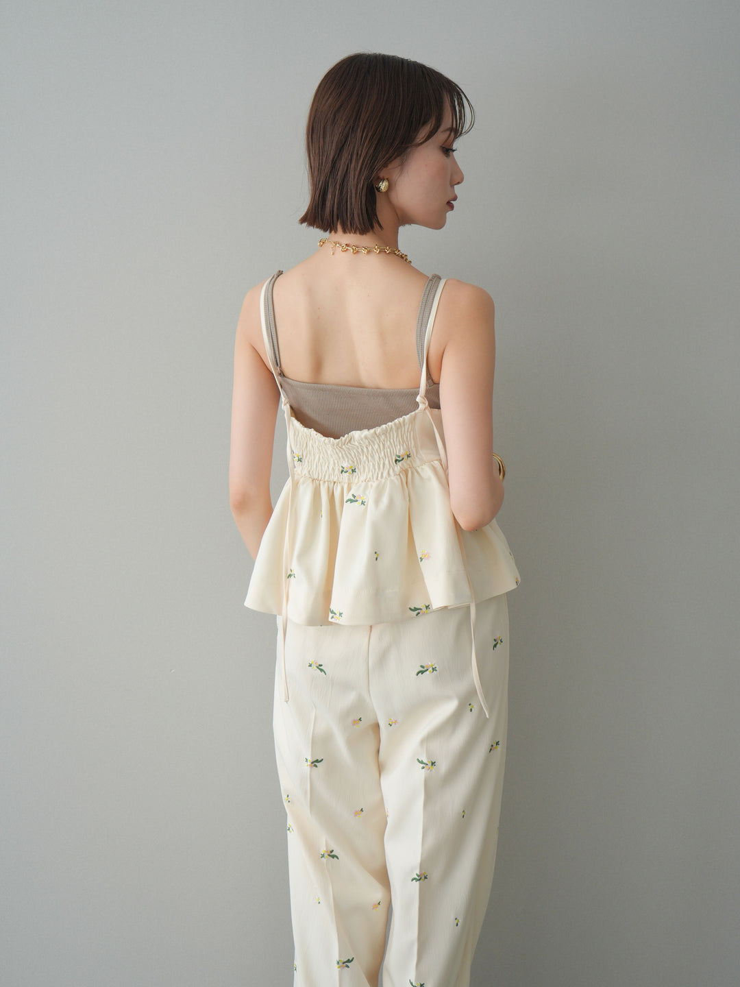 [SET]フラワー刺繍ビスチェ+フラワー刺繍タックパンツ(2set)