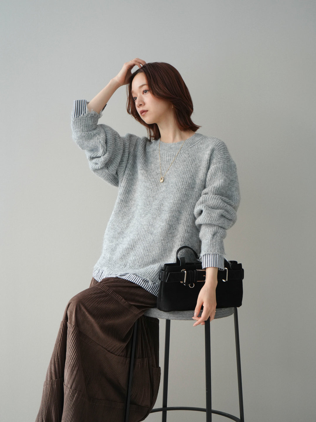 [SET]裾シャツレイヤードダメージニットプルオーバー+ストーンフォークリング(2set)