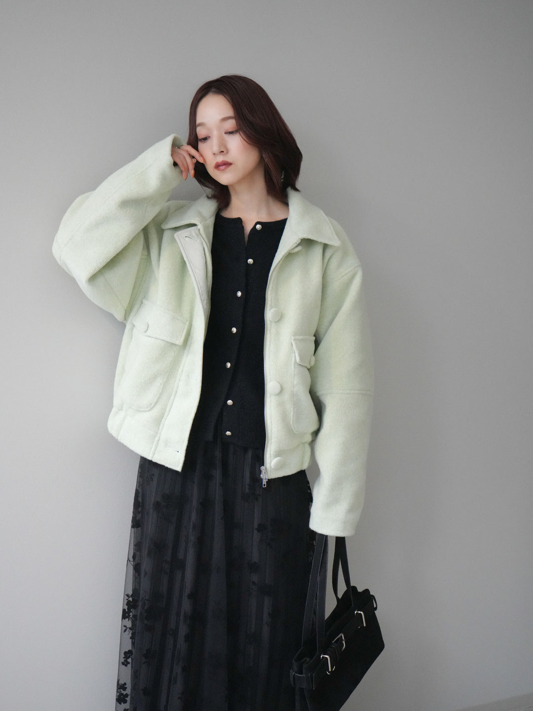 [SET]ウールライクフライトジャケット+アンティークボタンニットカーディガン(2set)