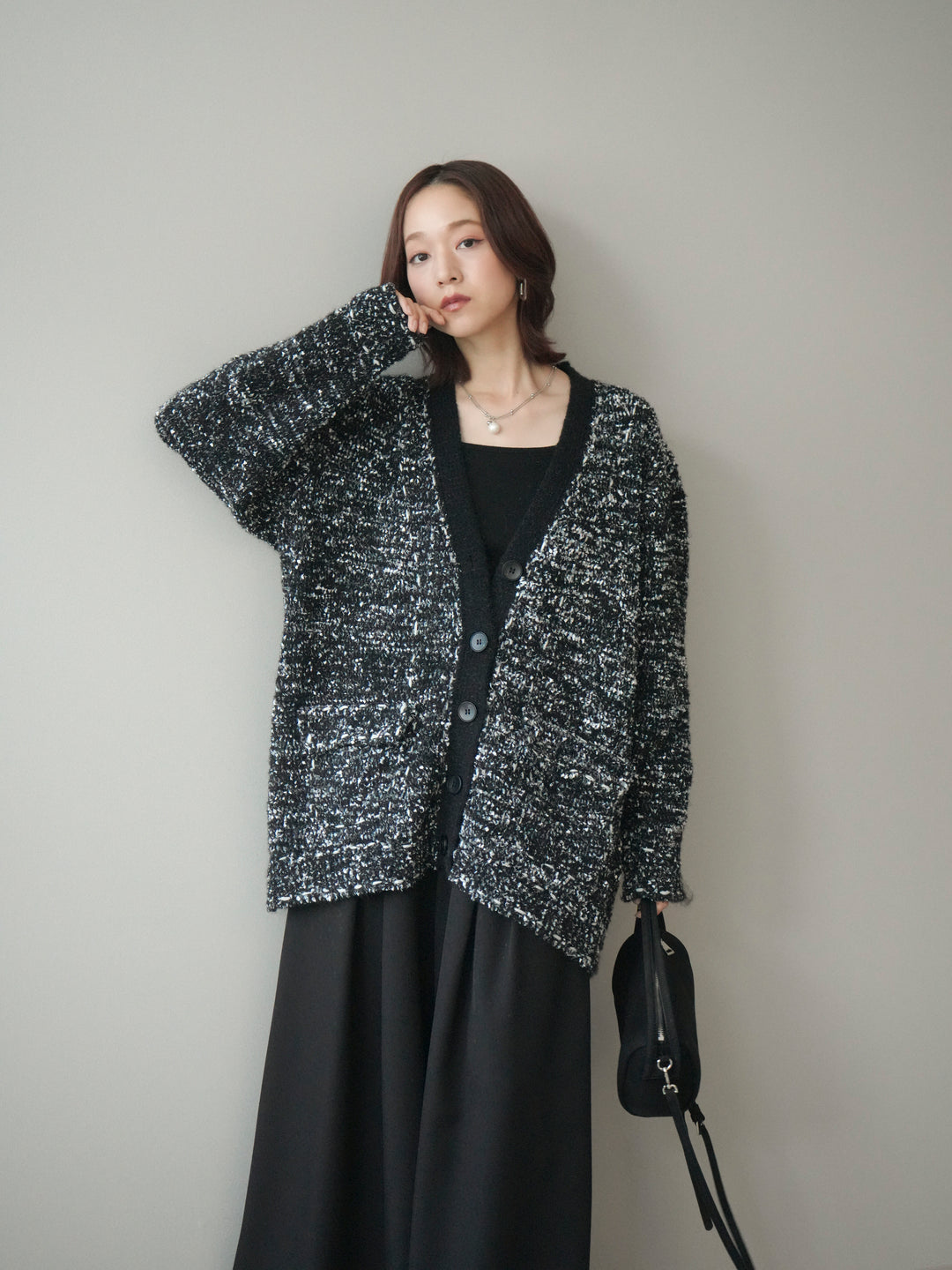 [SET]モールネップニットカーディガン+テープベルトタックバギーパンツ(2set)