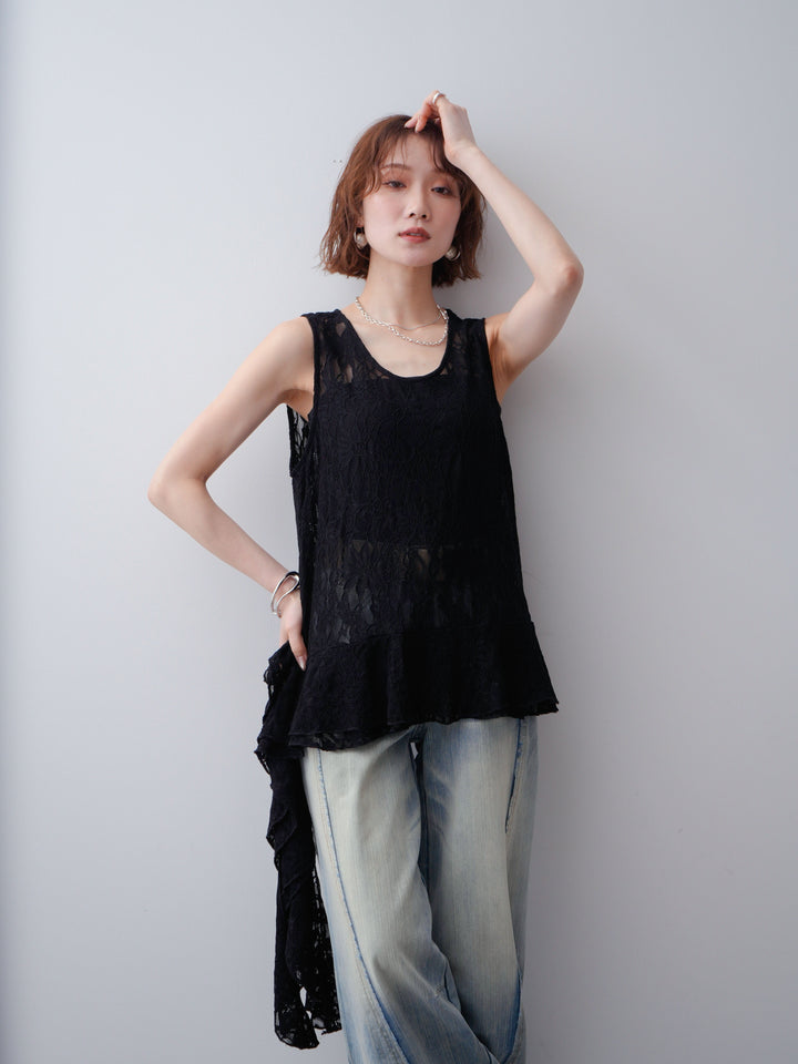 [予約]ラッフルレースアシメペプラムノースリトップス//black