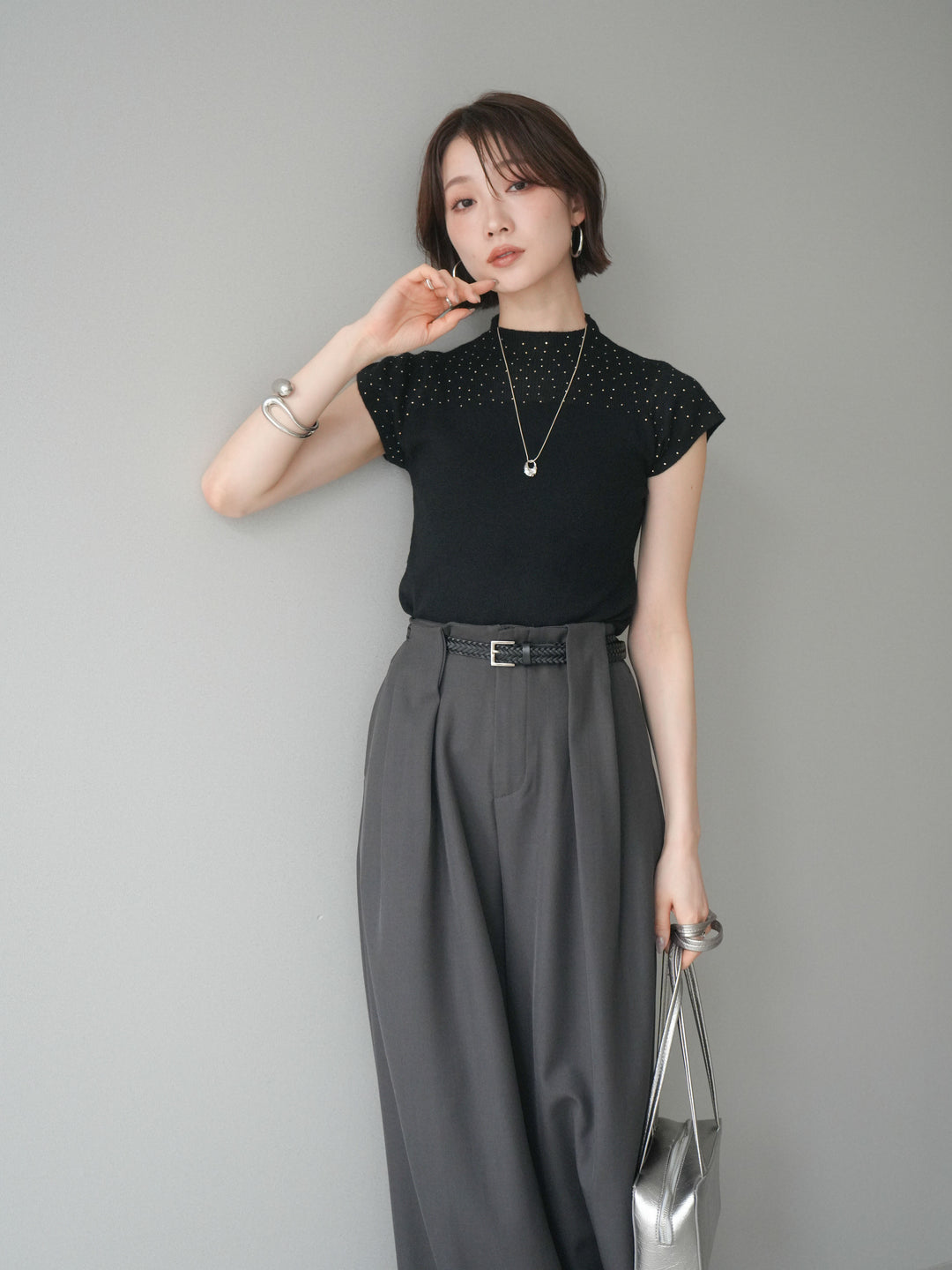 [SET]ビジューシアーフレンチニット+選べるアクセセット(2set)