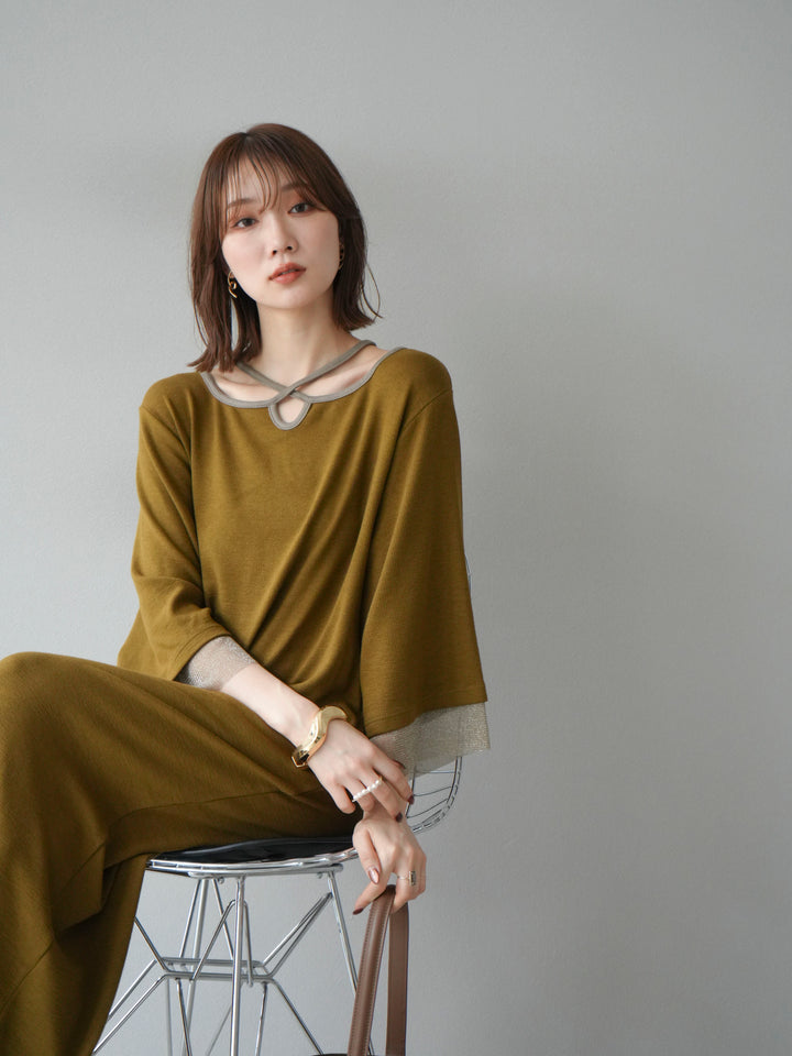 [予約]デザインネックラメシアー切替ニットワンピース/カーキ