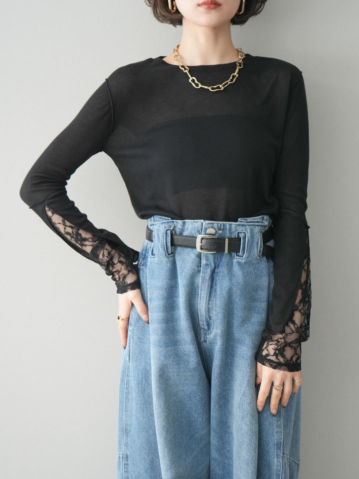 [予約]袖レースレイヤードデザインメロートップス/black