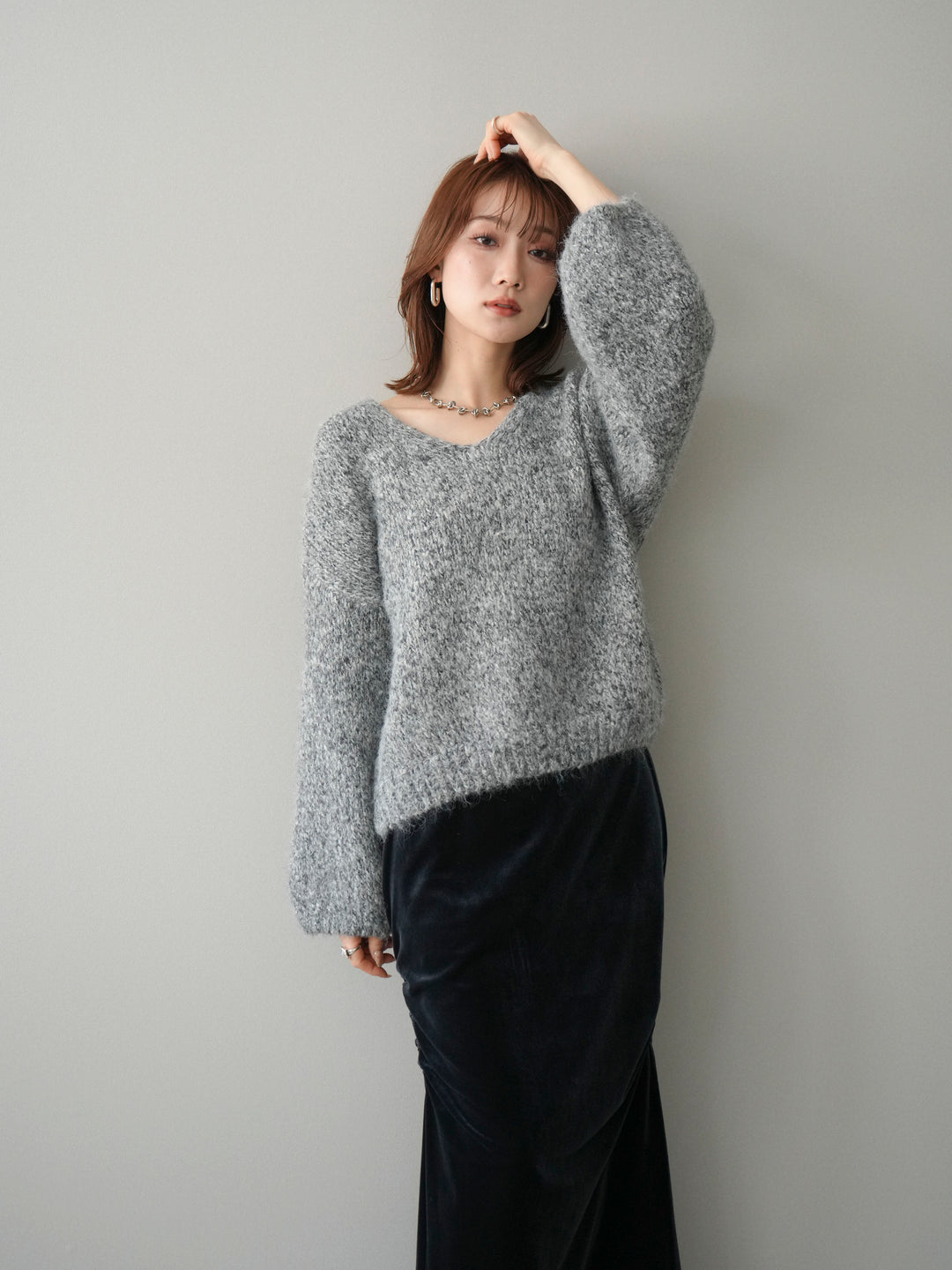 [予約]Vネックミックスヤーンニットプルオーバー/gray