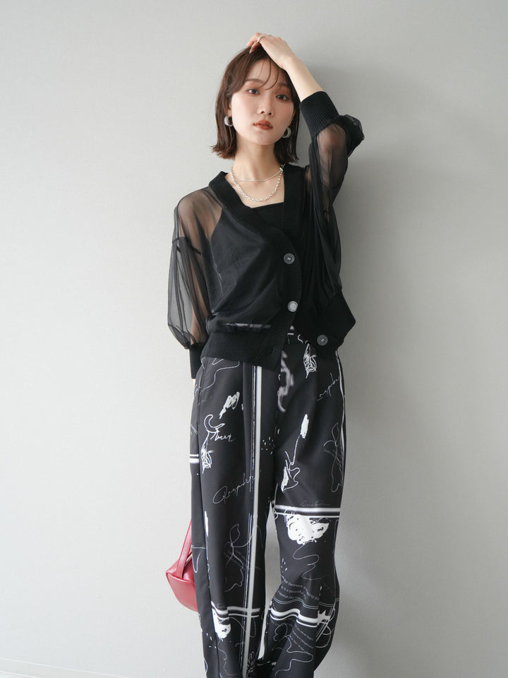[SET] 透視半袖褶皺開襟衫 + 彩繪圖案褶襉褲 (2set)
