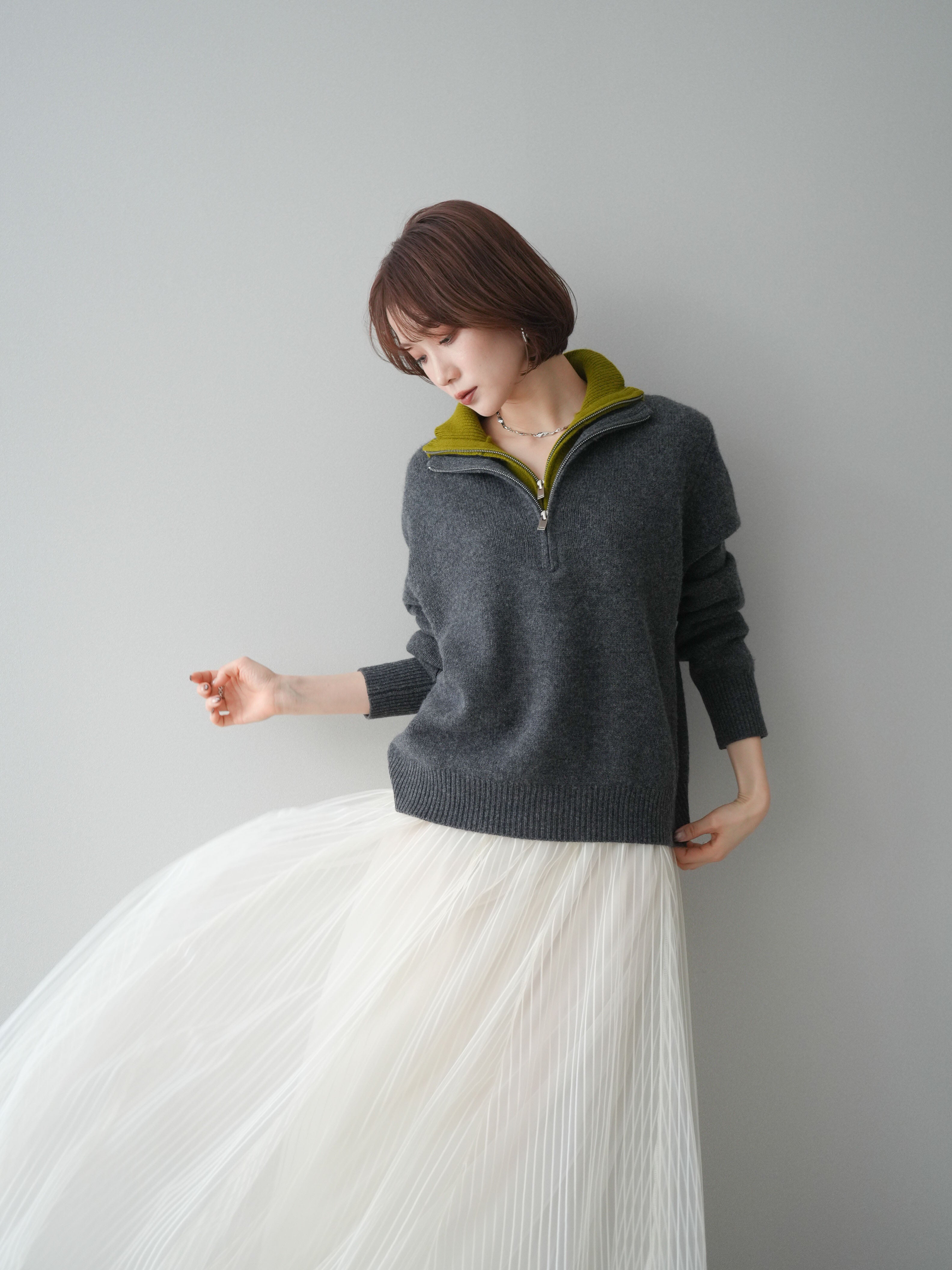 予約]ウールxカシミヤハーフジップダブルネックニットプルオーバー