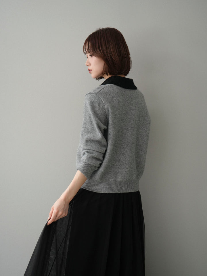 [SET]デザイン襟ニットカーディガン+チュールボリュームスカート(2set)