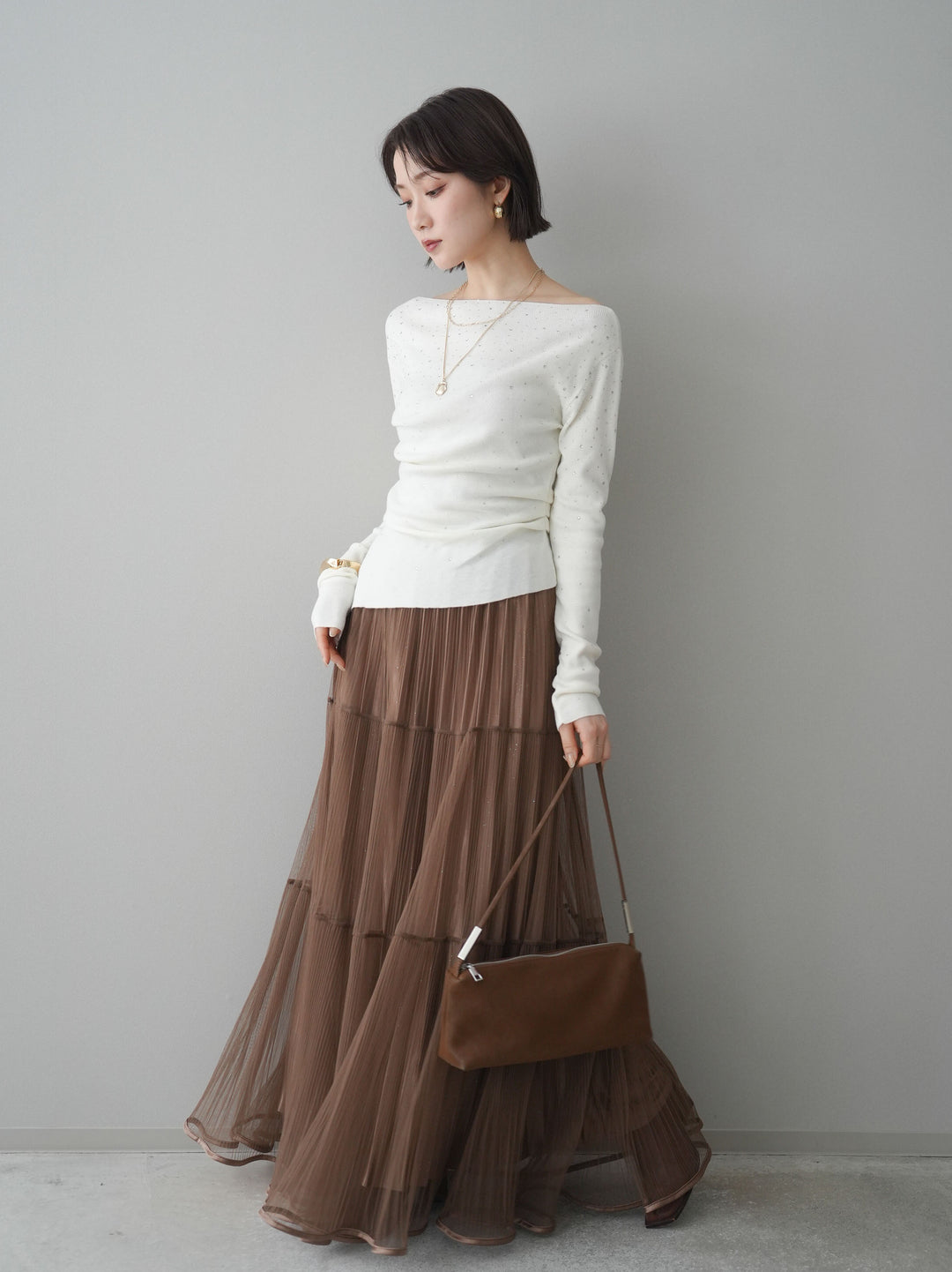 [SET]ラインストーンアシンメトリーニットトップス+ラメプリーツレイヤードチュールロングスカート(2set)