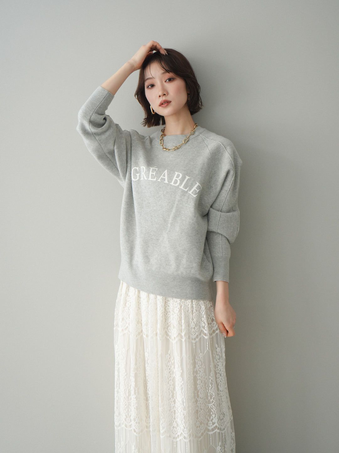 [予約]半ラバープリントロゴスウェットライクニットプルオーバー/mokugray