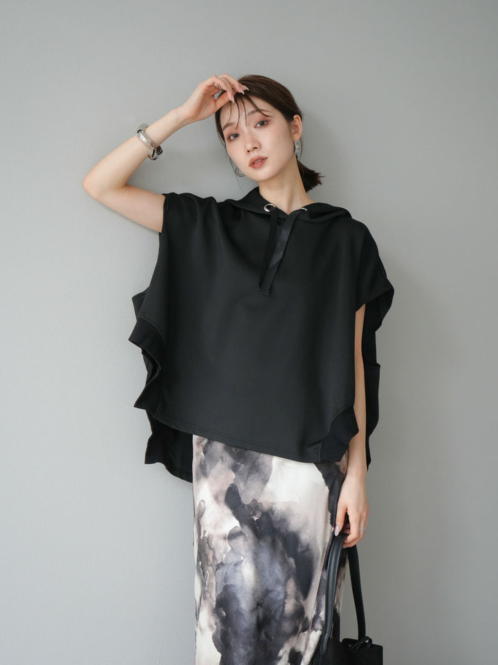 [SET]アシンメトリードルマンバックZIPフーディー+ニュアンスサテンフリルスカート(2set)