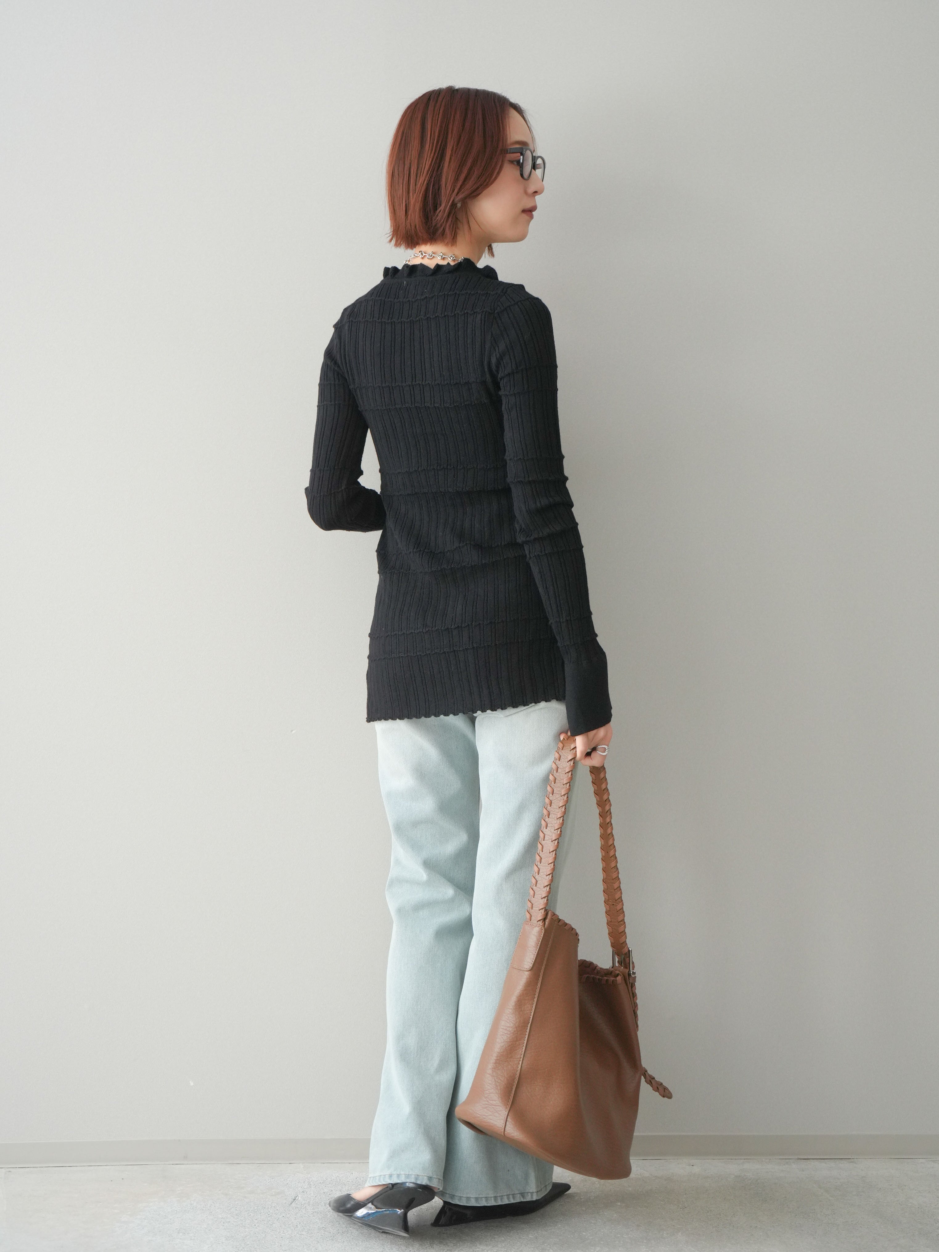 SET]フロントフリルリブニットカーディガン+フレアデニムパンツ(2set