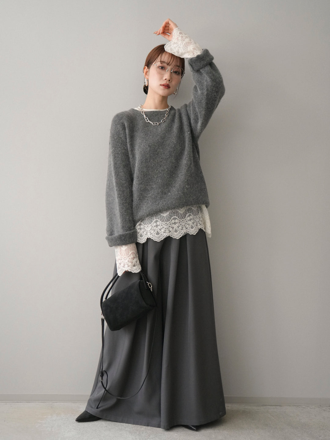 [SET]アンゴラタッチクルーネックニットプルオーバー+チュールレーストップス+テープベルトタックバギーパンツ(3set)