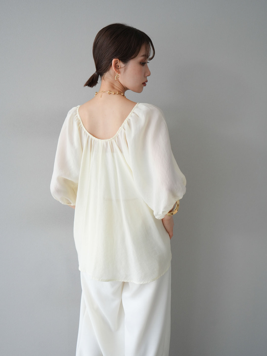 [SET]ボリュームスリーブシアータックブラウス+リネンライクイージーワイドパンツ(2set)