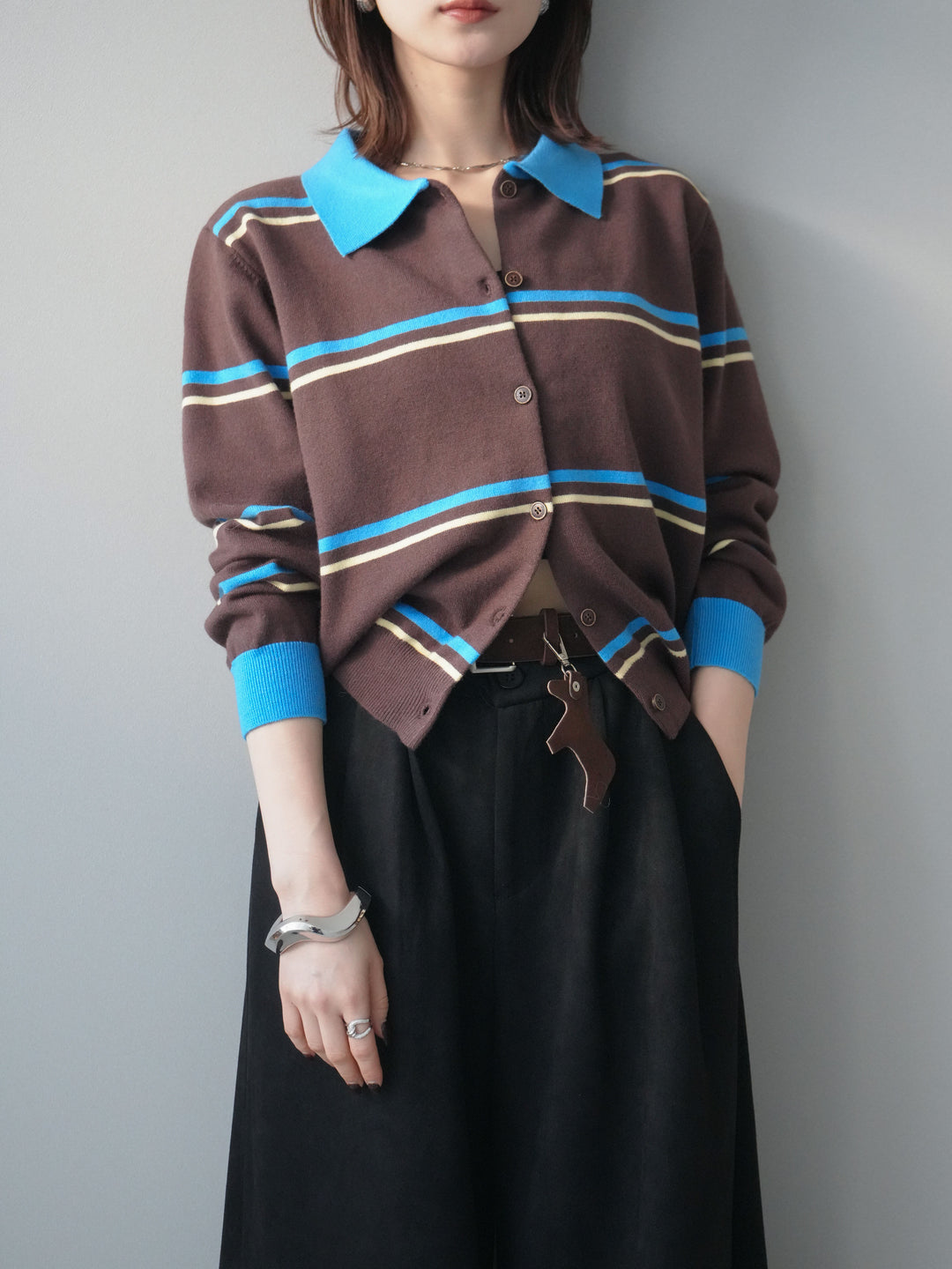 [予約]配色マルチボーダーポロニットカーディガン/brown