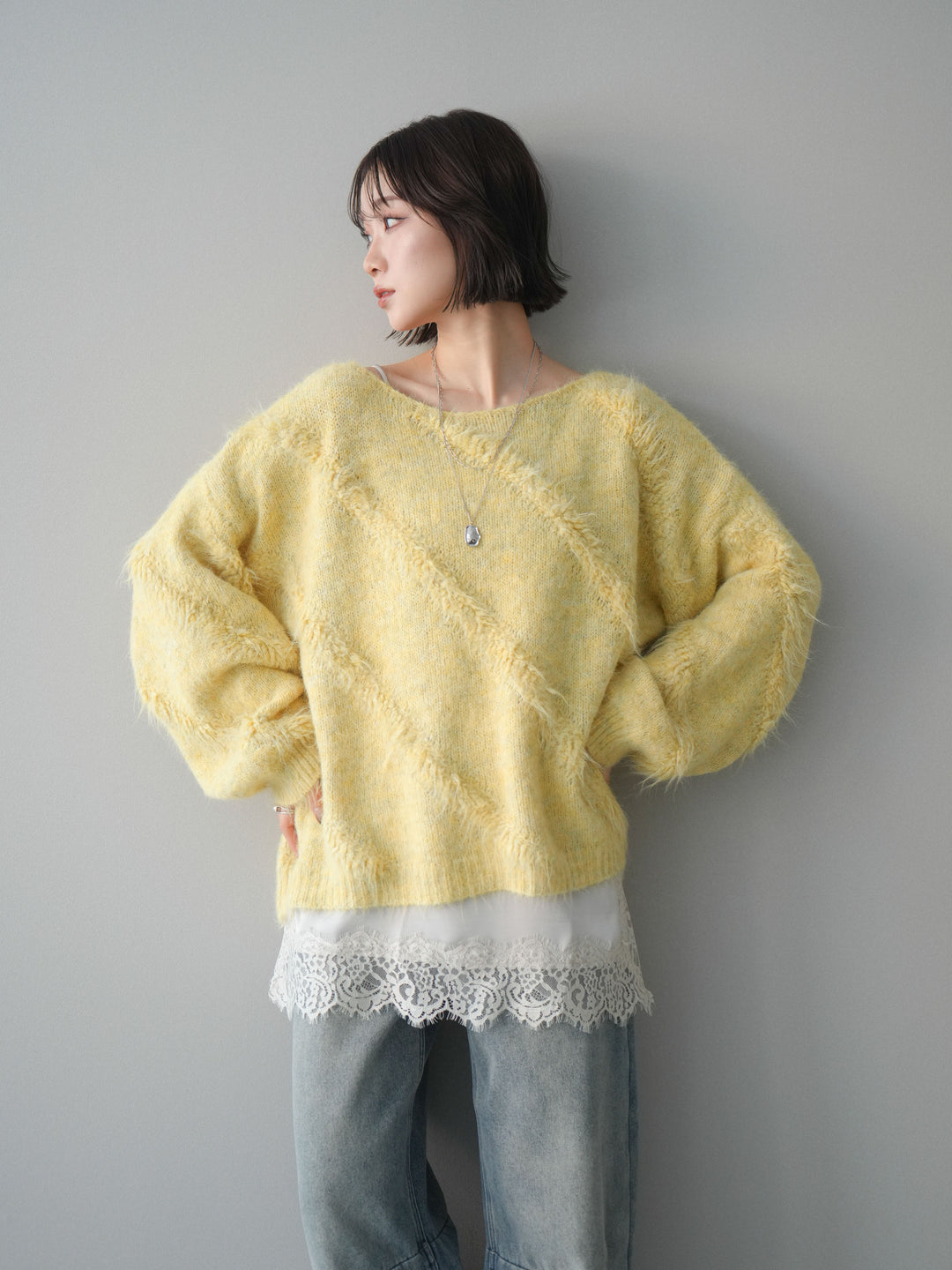 [SET]シャギーデザインニットプルオーバー+選べるアクセセット(2set)