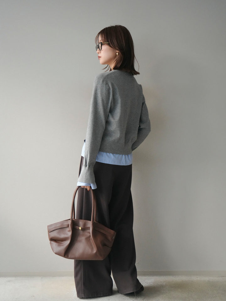 [SET]シャツ襟レイヤードニットカーディガン+ベルトループデザインワイドパンツ(2set)