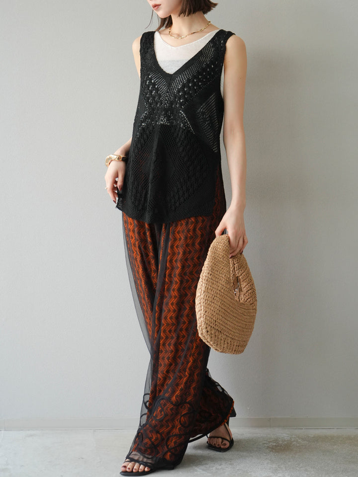 [予約]レーヨンフレックススラブウェーブ柄ストレートパンツ/オレンジ