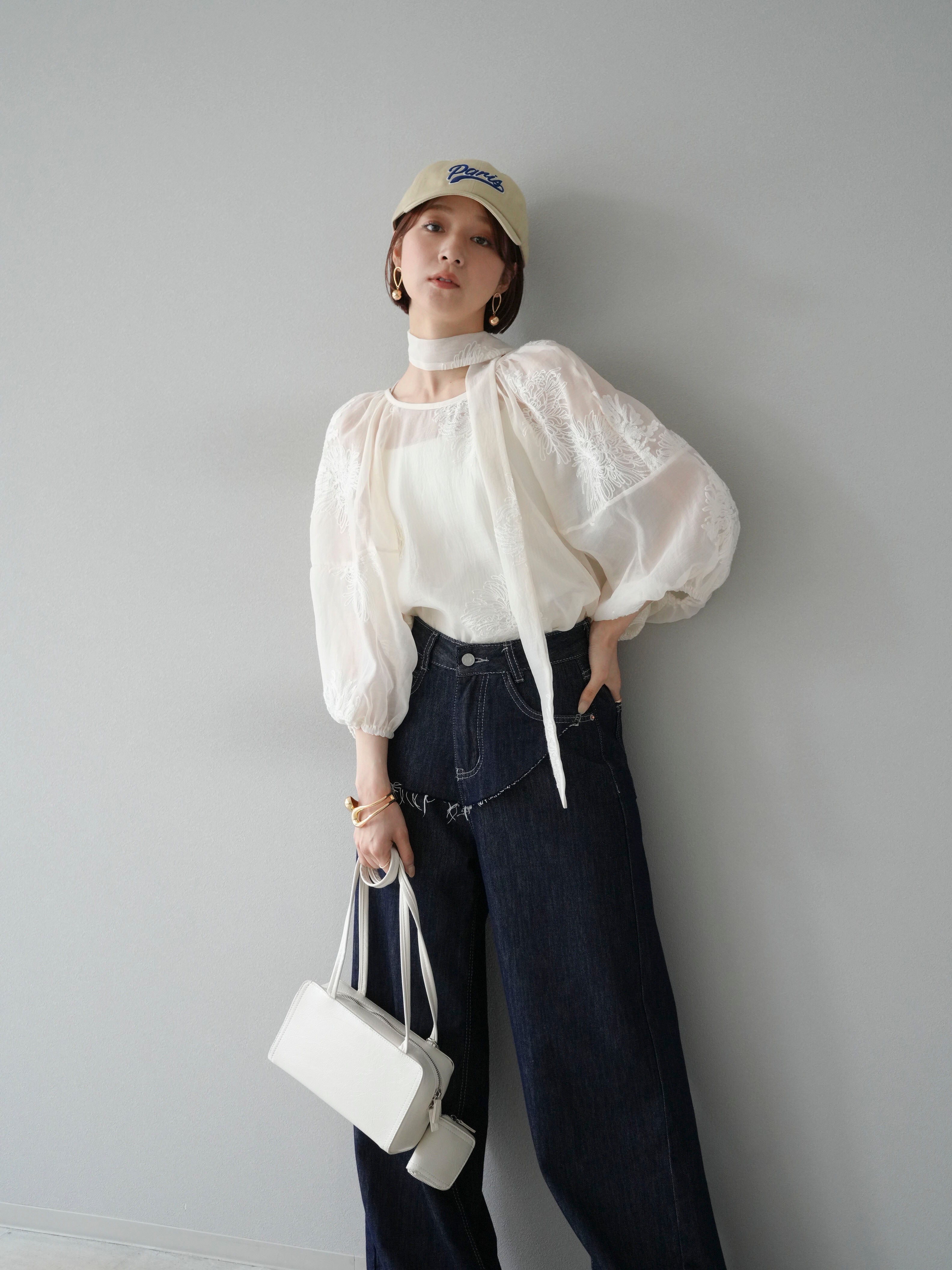 極美品✨ブラミンク　麻100％バルーンスリーブブラウス　デニム調　38 SET]刺繍シアーバルーンスリーブブラウス+ヒップデザインデニムパンツ