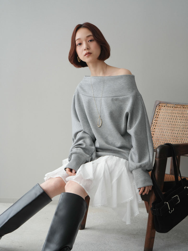 [SET]アシンメトリーオフショルポンチプルオーバー+ラッフルレースミニスカート(2set)