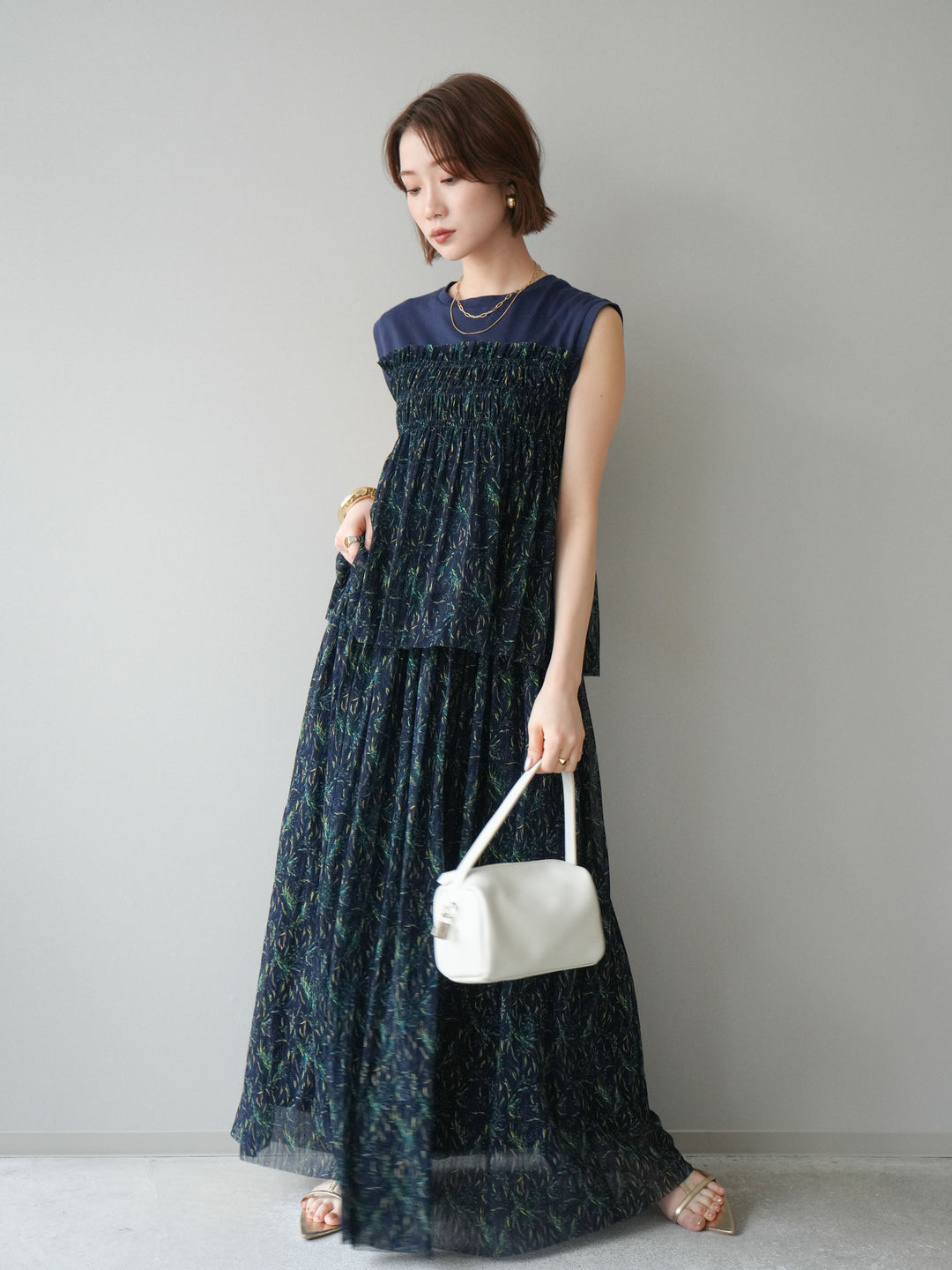 [SET]チュールプリントノースリーブトップス+チュールプリントスカート(2set)