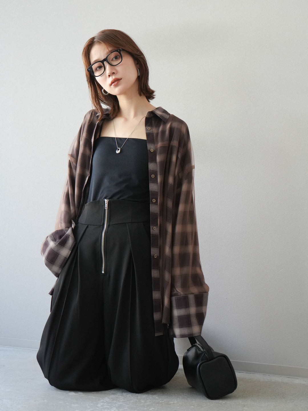 [予約]チュールドッキングチェック柄オーバーサイズシャツ/ブラウン