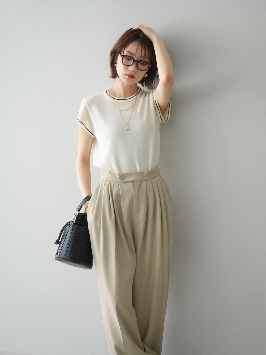 [SET]配色ハーフスリーブニットトップス+配色ハーフスリーブニットトップス(2set)