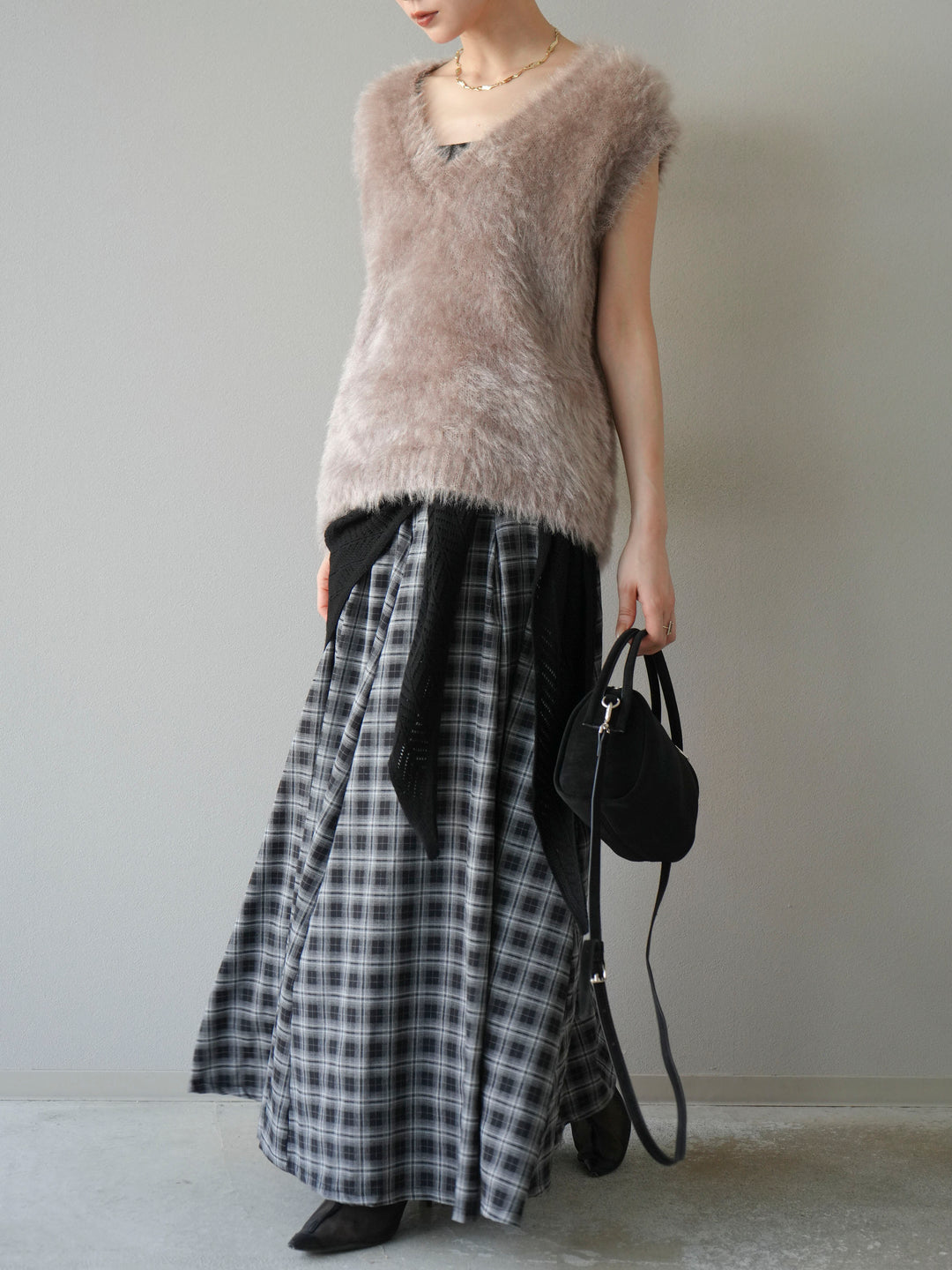 [予約]チェックタックフレアロングスカート/ ブラック