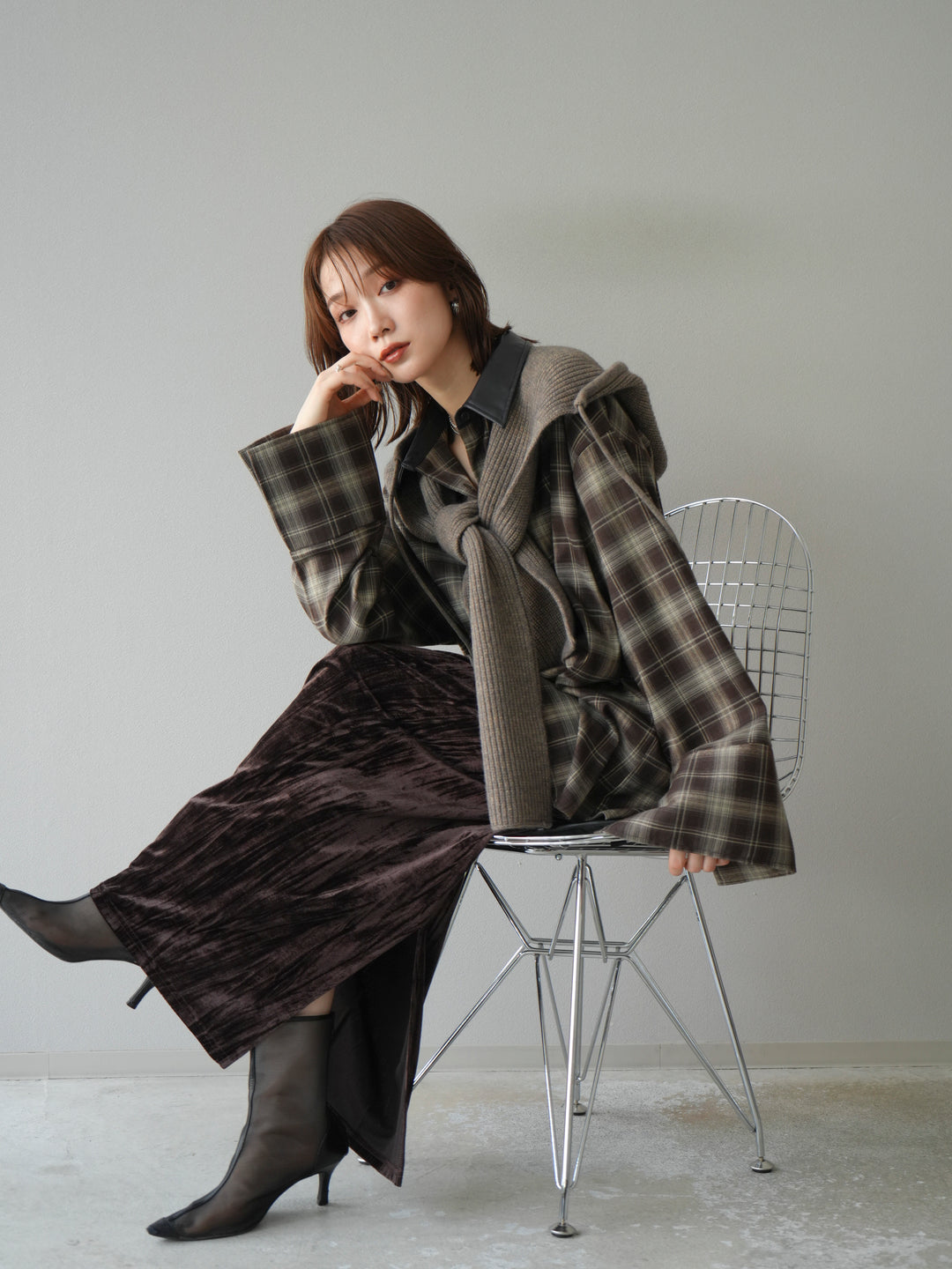 【着回しセット】[SET]レザー襟オンブレチェックオーバーシャツ +クラッシュベロアナロースカート+ツイードハーフパンツ(3set)