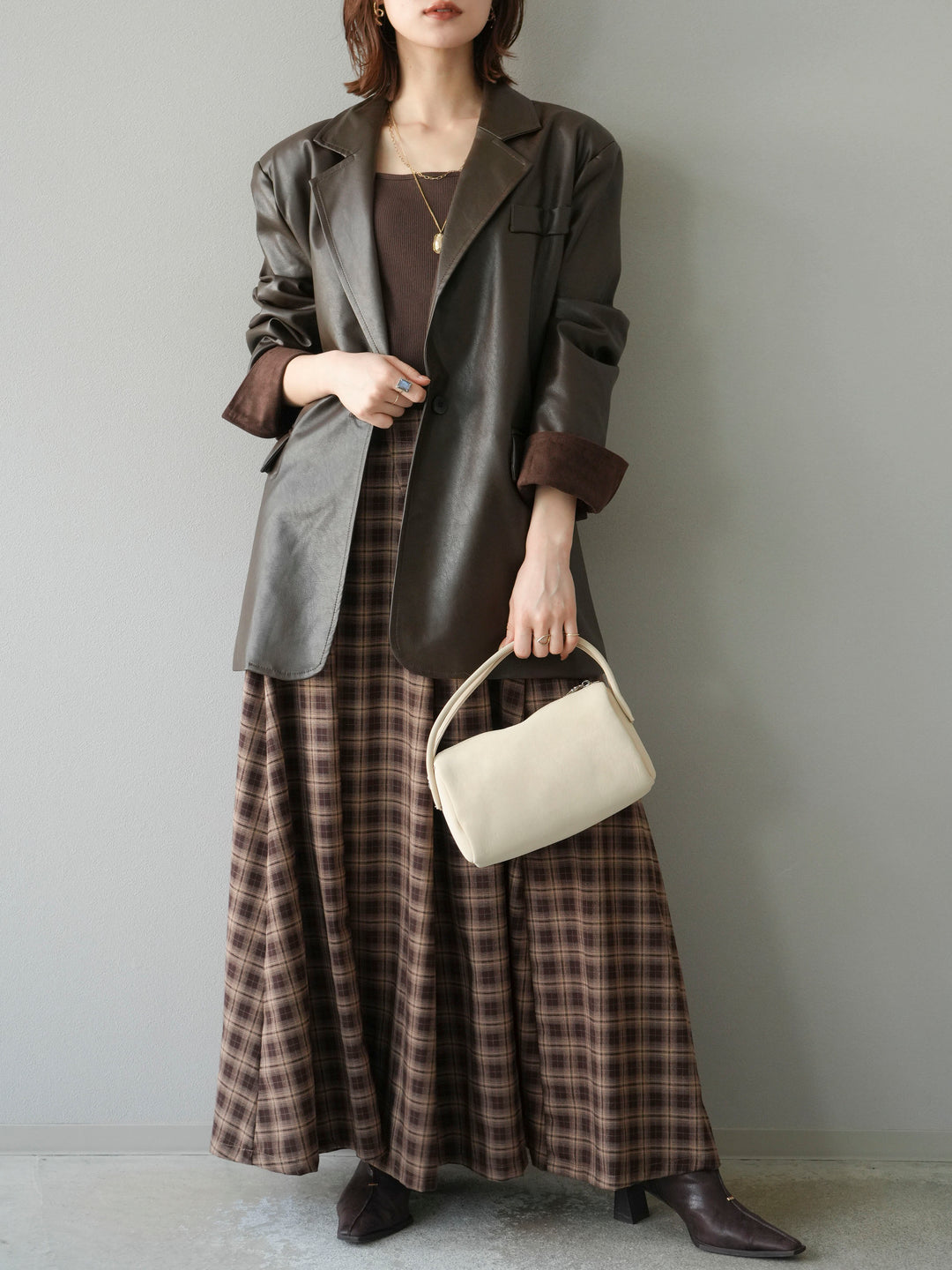 [予約]チェックタックフレアロングスカート/ ブラウン
