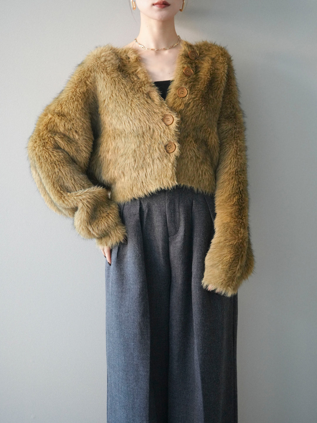 [予約]ミックスシャギーショートニットカーディガン/green