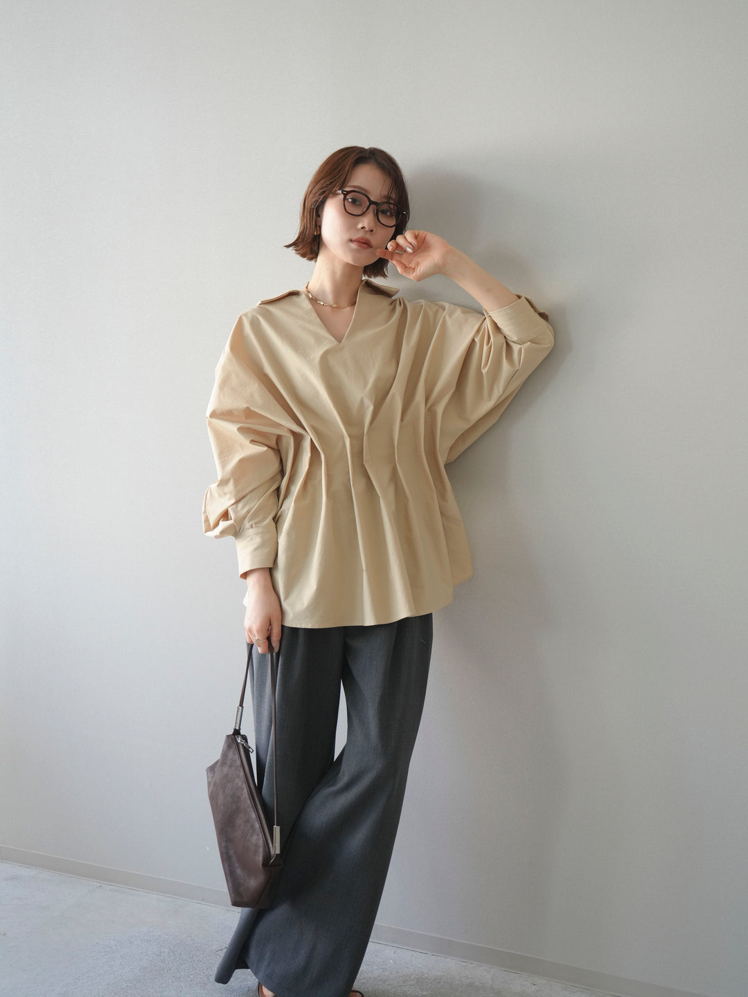 [予約]ウエストギャザースキッパーシャツ/beige