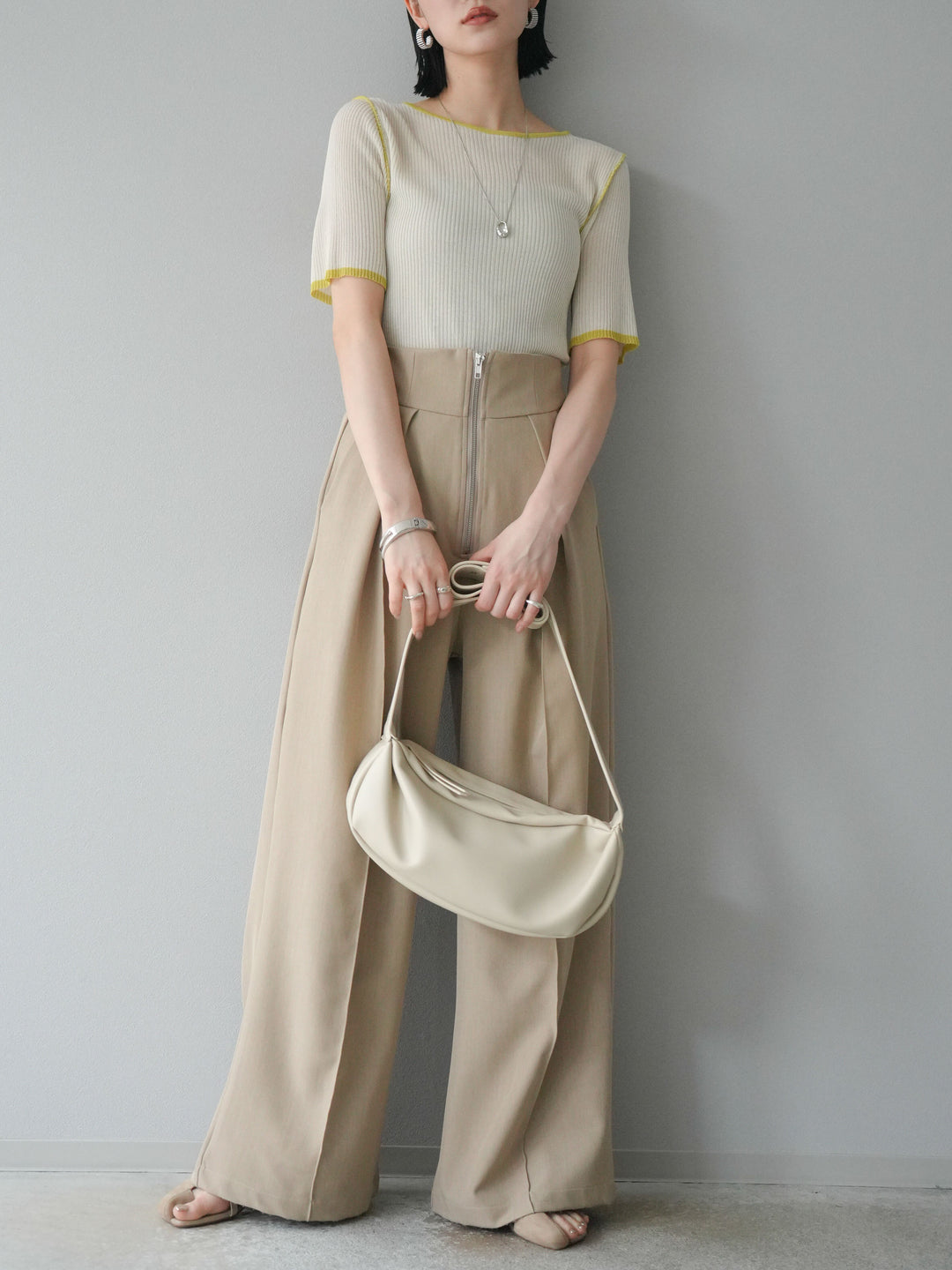 [予約]麻タッチ配色ニットハーフスリーブトップス/アイボリー