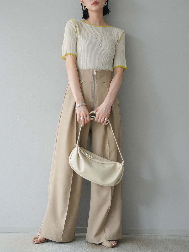 [予約]麻タッチ配色ニットハーフスリーブトップス/アイボリー