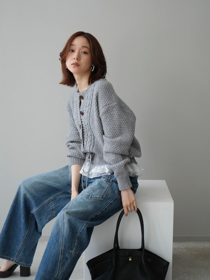 [SET]裾レースケーブルニットカーディガン+ペインターカーブデニムパンツ(2set)