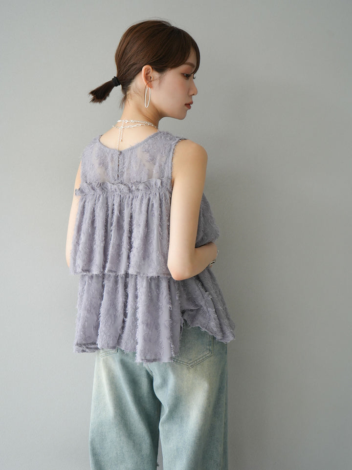 [Pre-order] Sheer jacquard ruffle sleeveless blouse/gray