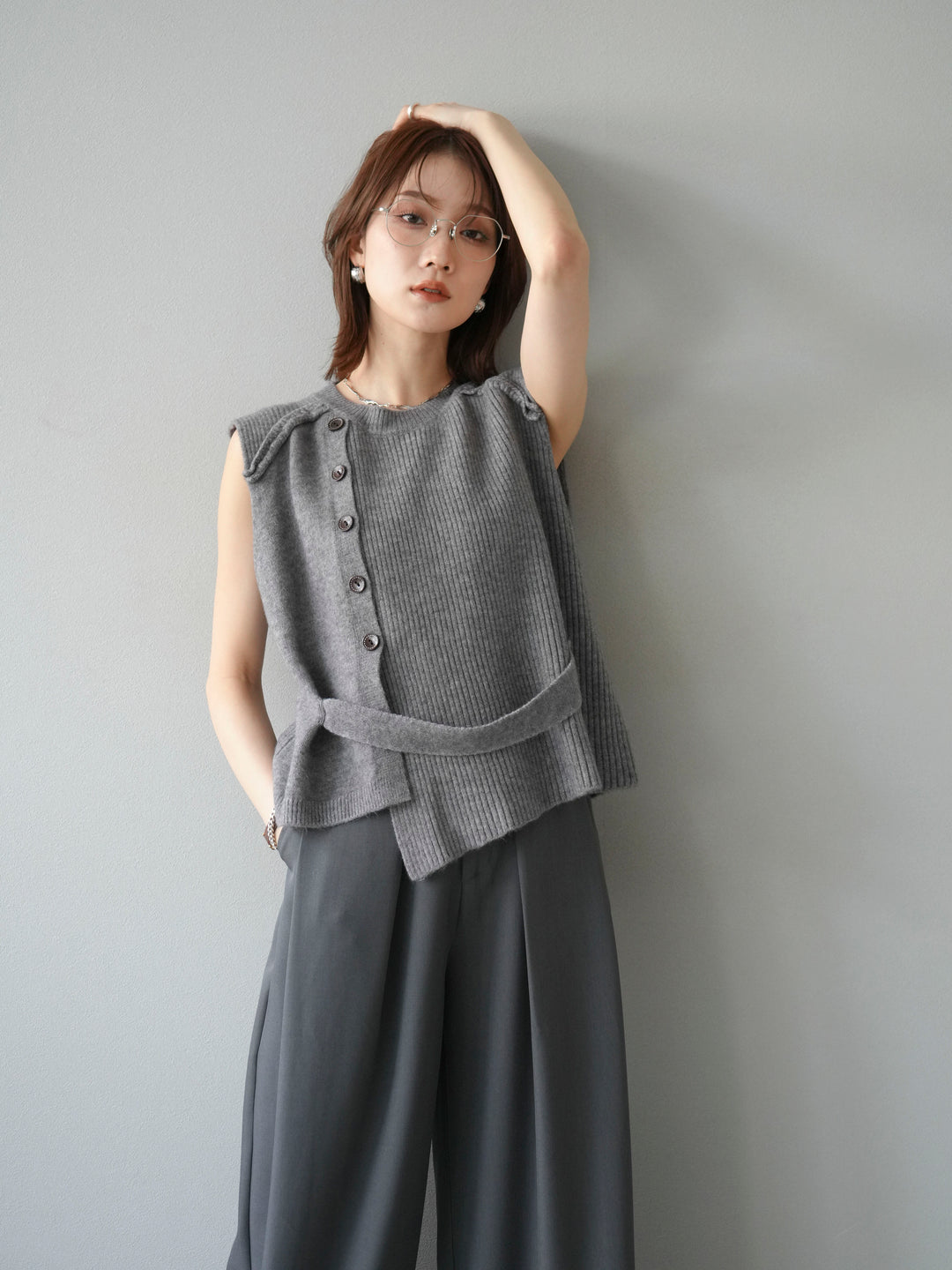 [予約]レイヤードボタンニットベスト/グレー