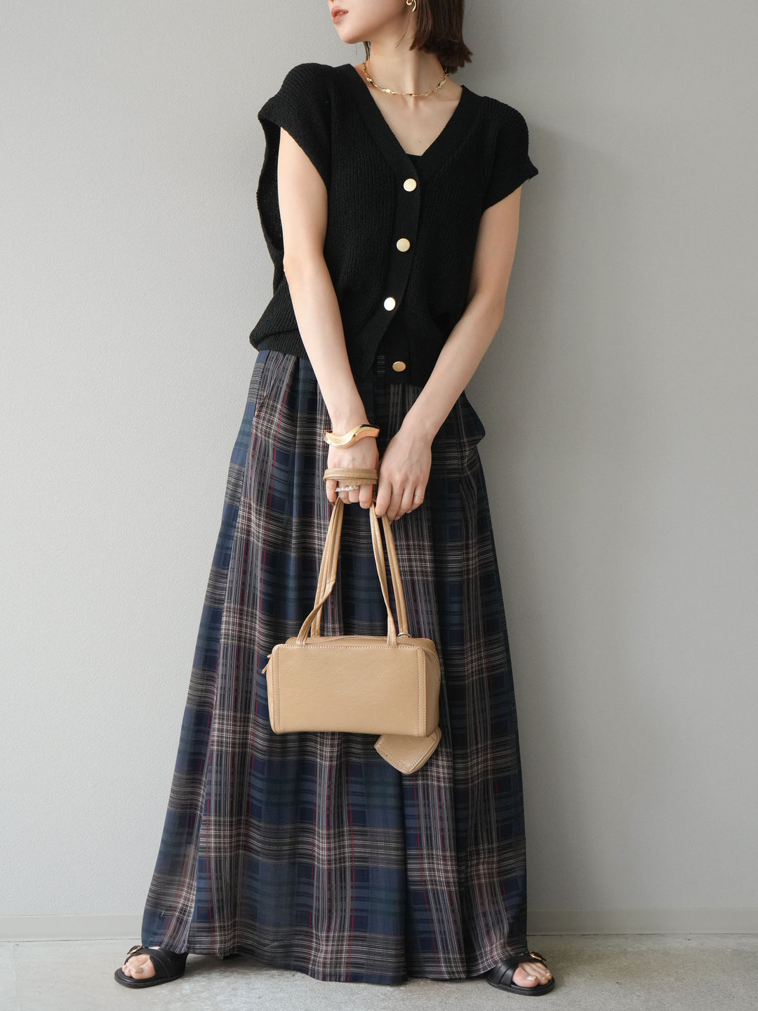 [預購] 透視格紋寬鬆褲/藏青色