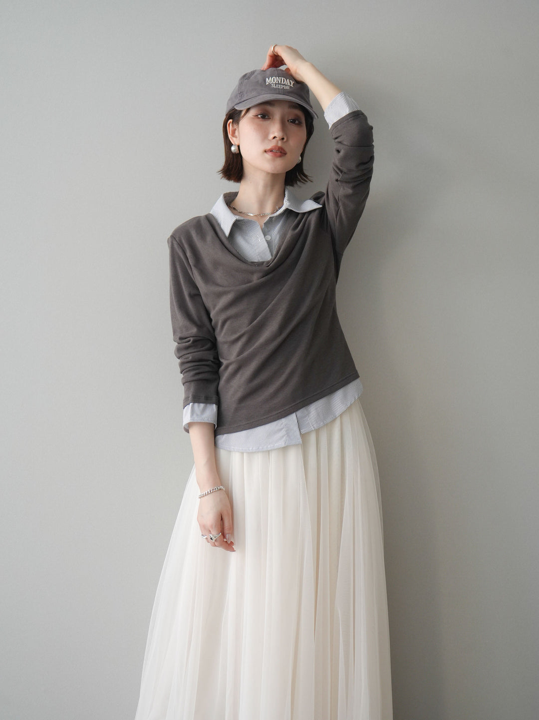 [予約]ストライプドッキングシャツドレープカットソー/charcoal